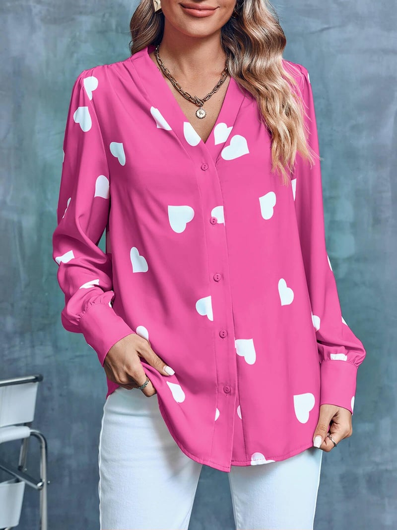 Flowyair Women's V Neck Shirts Button Down Long Sleeve Heart Print Casual Work Blouses - Image 4