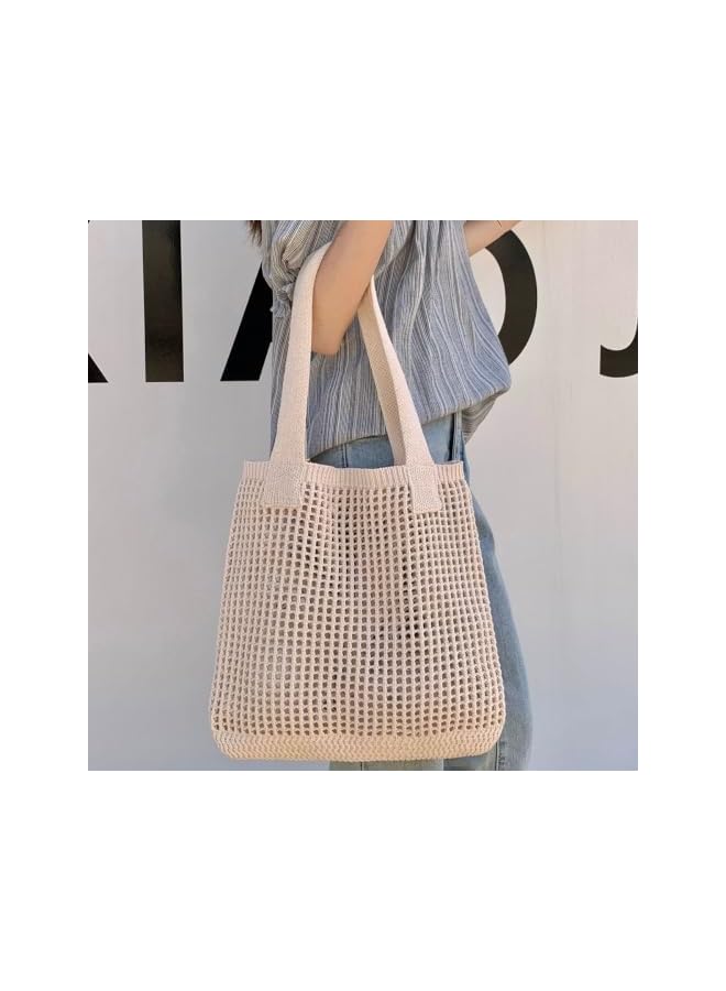 S-TOP Hollow Knit Tote Bag Woven Shoulder Handbag Travel Beach Purse | aesthetic crochet purse hollow out net shopping tote coffee apricot market bag slouchy casual bohemian shoulder pouchOnly 5 left 17.1217.12 - Image 4