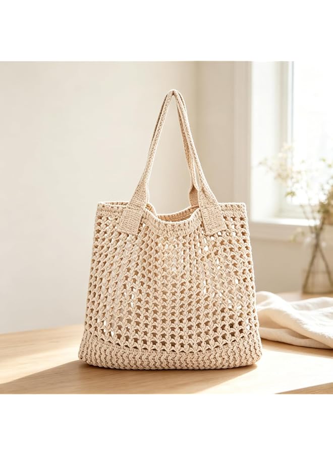 S-TOP Hollow Knit Tote Bag Woven Shoulder Handbag Travel Beach Purse | aesthetic crochet purse hollow out net shopping tote coffee apricot market bag slouchy casual bohemian shoulder pouchOnly 5 left 17.1217.12 - Image 1