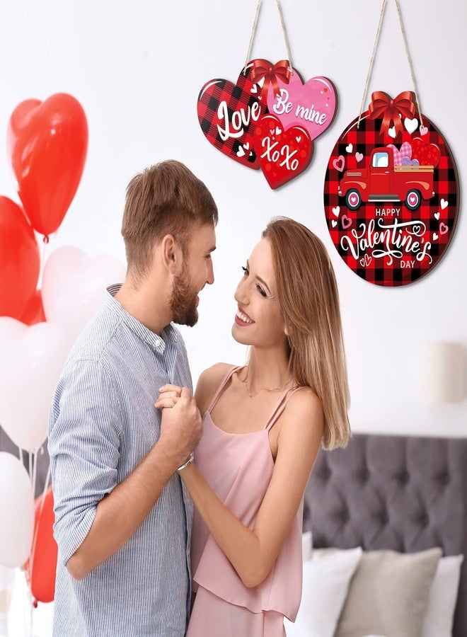 جلينمال قطعتان من لافتات عيد الحب الخشبية، لافتة عيد حب سعيد، ديكور شاحنة عيد الحب، علاقة باب على شكل قلب، ديكور حائط خشبي بنقشة مربعات الجاموس للباب الأمامي الخارجي - Image 3