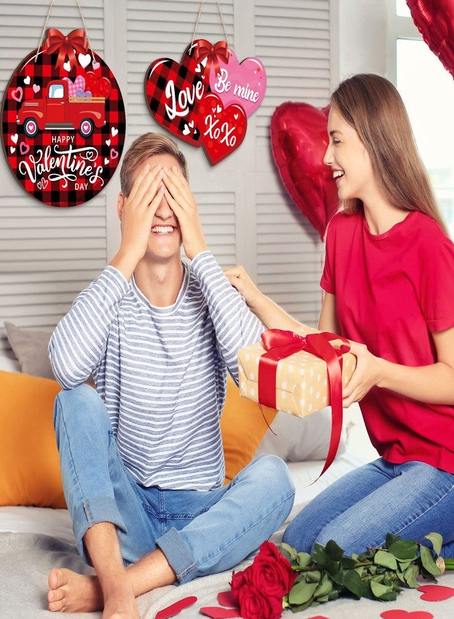 جلينمال قطعتان من لافتات عيد الحب الخشبية، لافتة عيد حب سعيد، ديكور شاحنة عيد الحب، علاقة باب على شكل قلب، ديكور حائط خشبي بنقشة مربعات الجاموس للباب الأمامي الخارجي - Image 5