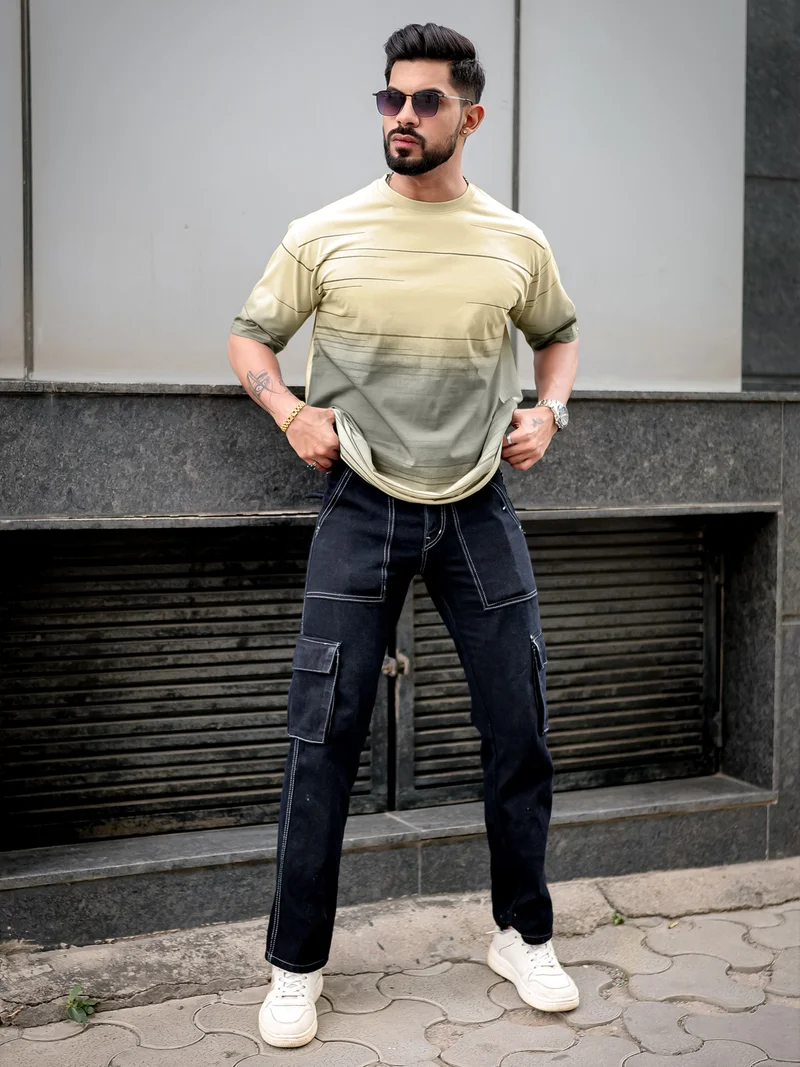 Maniac  Maniac Mens Spray Print Round Neck 3/4th Sleeve Butterscotch Cotton Oversized T-Shirt for Men | Best Price UAE