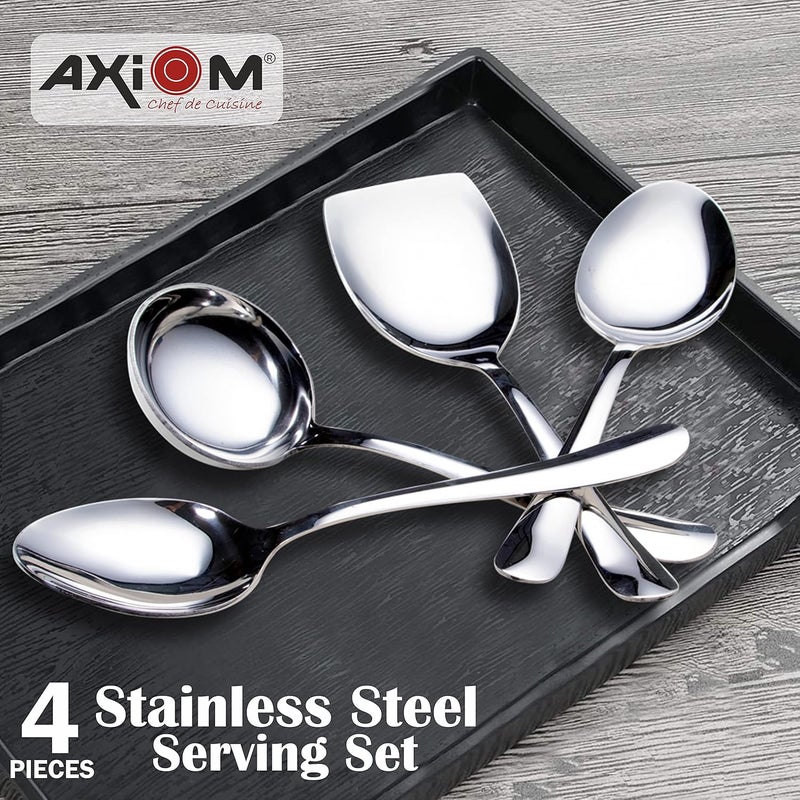 Axiom AXIOM Stainless Steel Serving Tools 4 Piece Heavy Gauge NonStick Set Of 1 Soup Ladle Karchi 2 Solid Spoon Chamcha And 1 Rice Spoon For Serving SoupCurryDalRicePasta 23 Centimeters - Image 2