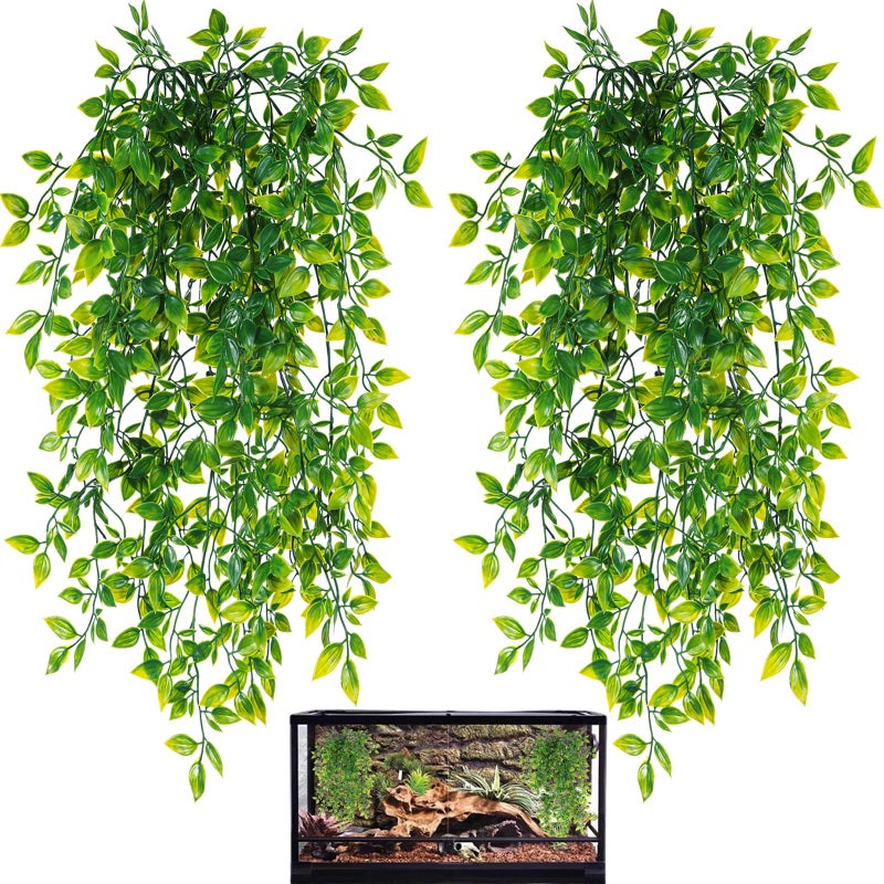 HERCOCCI Reptile Plants 2 Pack Terrarium Hanging Plants Vines Artificial Leaves Habitat Decorations with Suction Cup for Bearded Dragon Hermit Crab Lizard Snake Geckos Chameleon