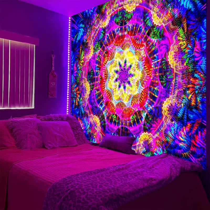 PSYHILAR Blacklight Mandala Tapestry for Bedroom, Psychedelic Black Light Posters for Adults and Teens, Colorful UV Reactive Aesthetic Bohemian Art Wall Hanging Decor (60 x 50 Inches) - Image 1