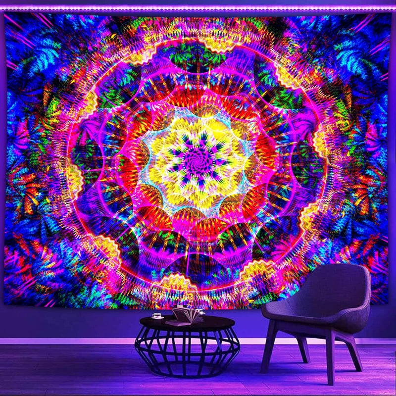 PSYHILAR Blacklight Mandala Tapestry for Bedroom, Psychedelic Black Light Posters for Adults and Teens, Colorful UV Reactive Aesthetic Bohemian Art Wall Hanging Decor (60 x 50 Inches) - Image 2