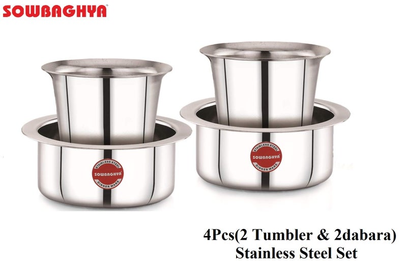 SOWBAGHYA Stainless Steel Dabara Set | 4 Pieces | 2 Dabaras & 2 Tumblers | 150ml Each | Traditional South Indian Coffee & Tea Serving Set | Degree Coffee Tumbler | Dishwasher Safe - Image 2