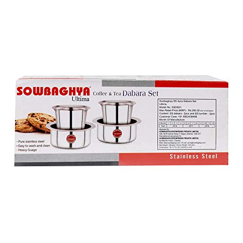 SOWBAGHYA Stainless Steel Dabara Set | 4 Pieces | 2 Dabaras & 2 Tumblers | 150ml Each | Traditional South Indian Coffee & Tea Serving Set | Degree Coffee Tumbler | Dishwasher Safe - Image 4
