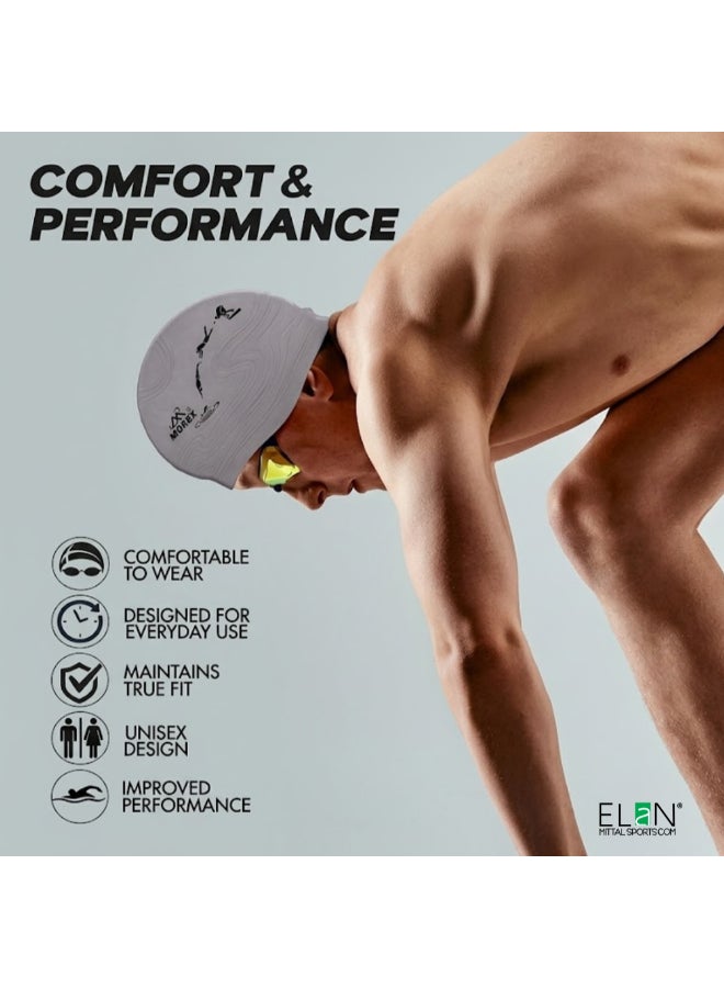 ELAN Morex Multi-Colour Silicone Swim Cap - Model 1112B Grey Pattern - Premium High-Elasticity Waterproof Swimming Cap for Adults & Teens, Stylish Marble Design for Swimming - Image 4