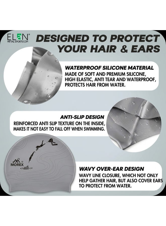ELAN Morex Multi-Colour Silicone Swim Cap - Model 1112B Grey Pattern - Premium High-Elasticity Waterproof Swimming Cap for Adults & Teens, Stylish Marble Design for Swimming - Image 3