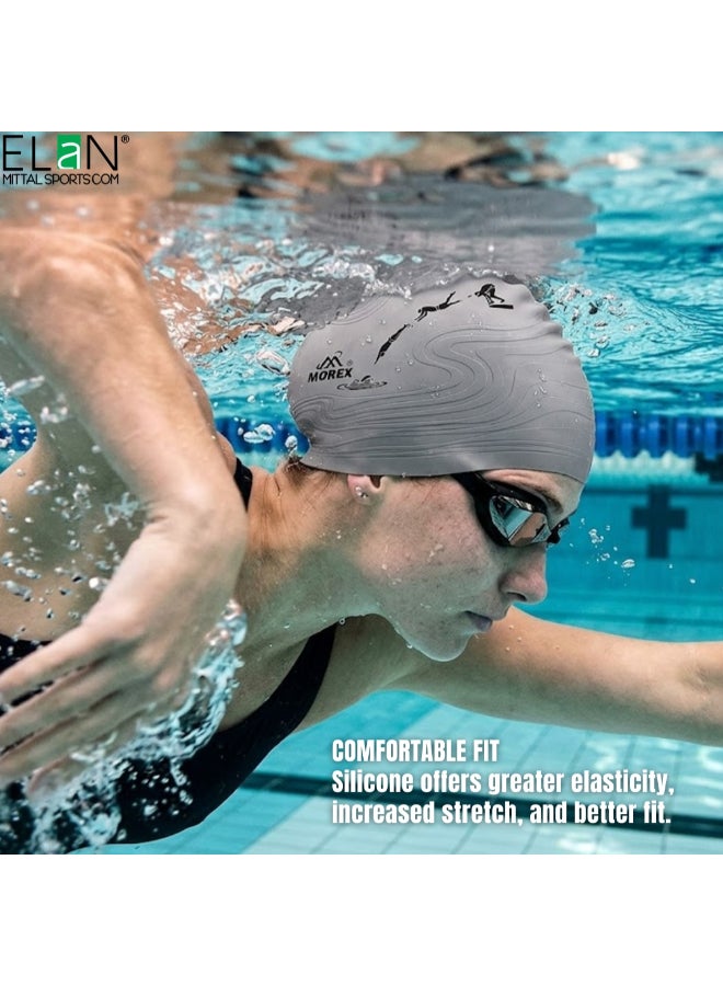 ELAN Morex Multi-Colour Silicone Swim Cap - Model 1112B Grey Pattern - Premium High-Elasticity Waterproof Swimming Cap for Adults & Teens, Stylish Marble Design for Swimming - Image 2