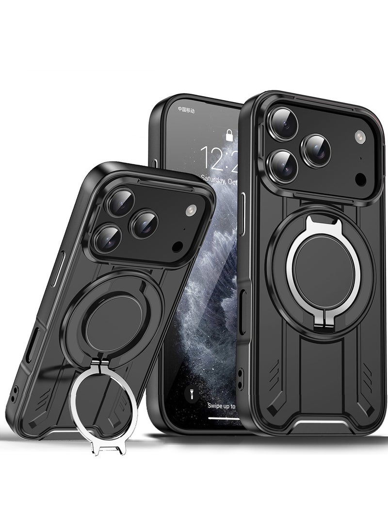 إكس ليفيل جراب مغناطيسي لهاتف iPhone 17 Pro Max، متوافق مع MagSafe، مقاوم للسقوط من ارتفاع 10 أقدام، مع مسند حلقي دوار 360 درجة، مقاوم للصدمات، مناسب لهاتف iPhone 17 Pro ، لون أسود. - Image 1