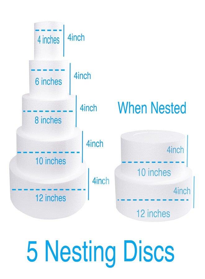 SilverlakeLLC Silverlake 5-Tier Round Cake Dummy Set - Nesting 4" H x 4,6,8,10 & 12" Dia Discs for Styrofoam Baking Display Projects - Image 5