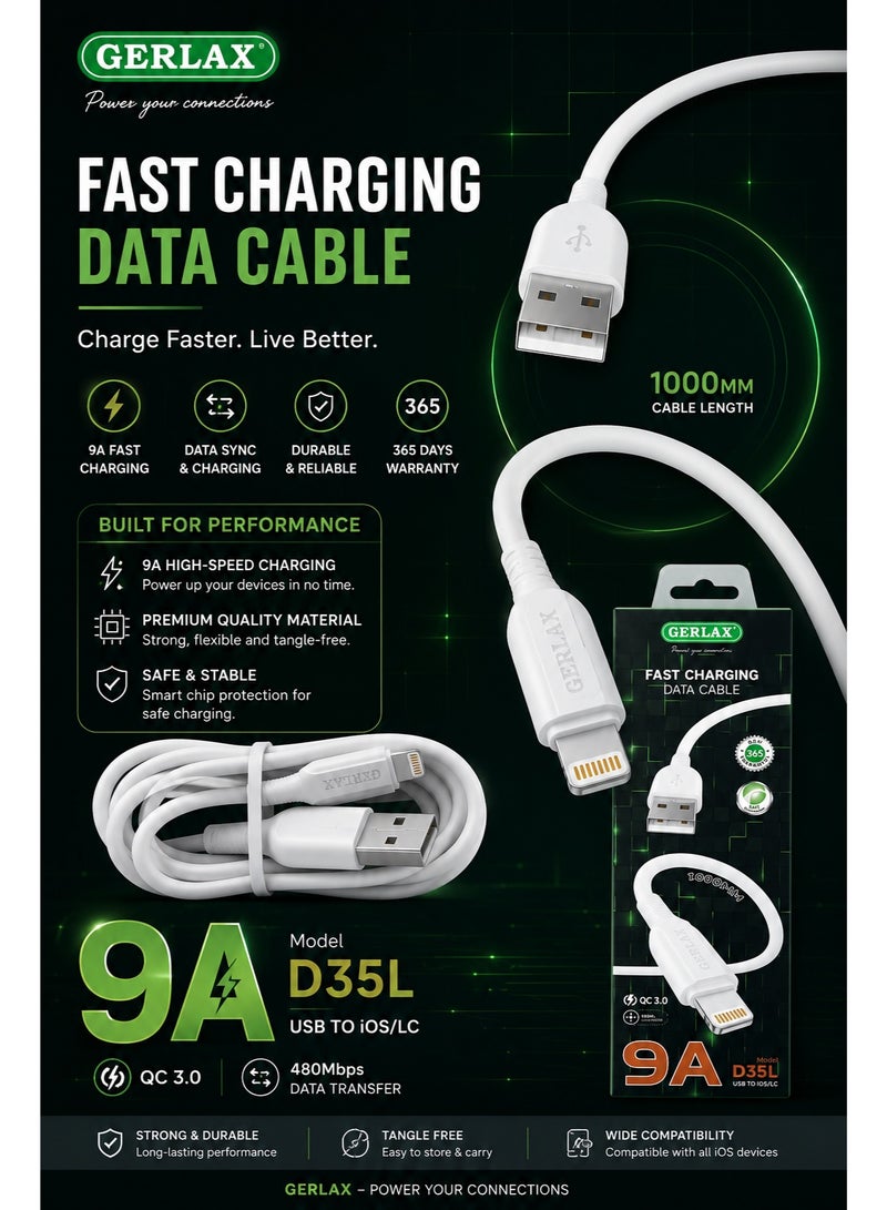 جيرلاكس كابل USB إلى Lightning للشحن السريع ونقل البيانات (تيار 9 أمبير)، بطول متر واحد ومصنوع من مادة PVC، متوافق مع أجهزة iPhone وiPad وAirPods وأجهزة Apple؛ يتميز بمتانة عالية ويدعم تقنية توصيل الطاقة السريع (Power Delivery) ومزامنة البيانات. - Image 2