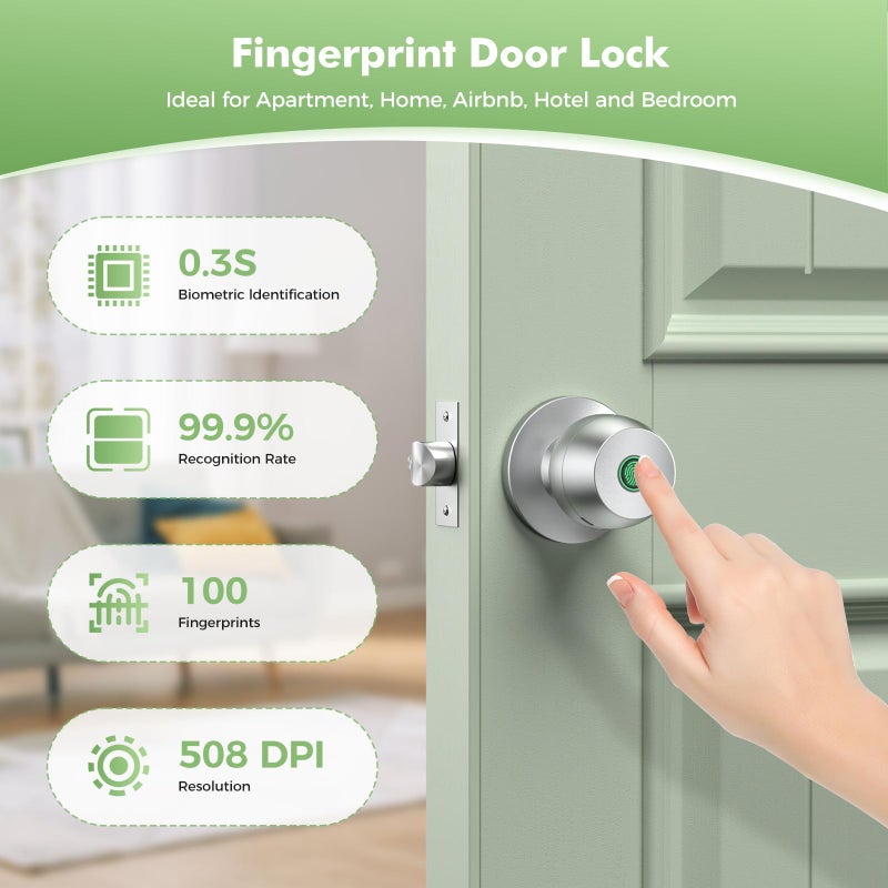 HEI LIANG Fingerprint door knob, smart door knob, intelligent biometric fingerprint door lock, keyless entry, controllable via app, suitable for bedrooms, storage rooms, apartments, offices, hotels (silver) - Image 2