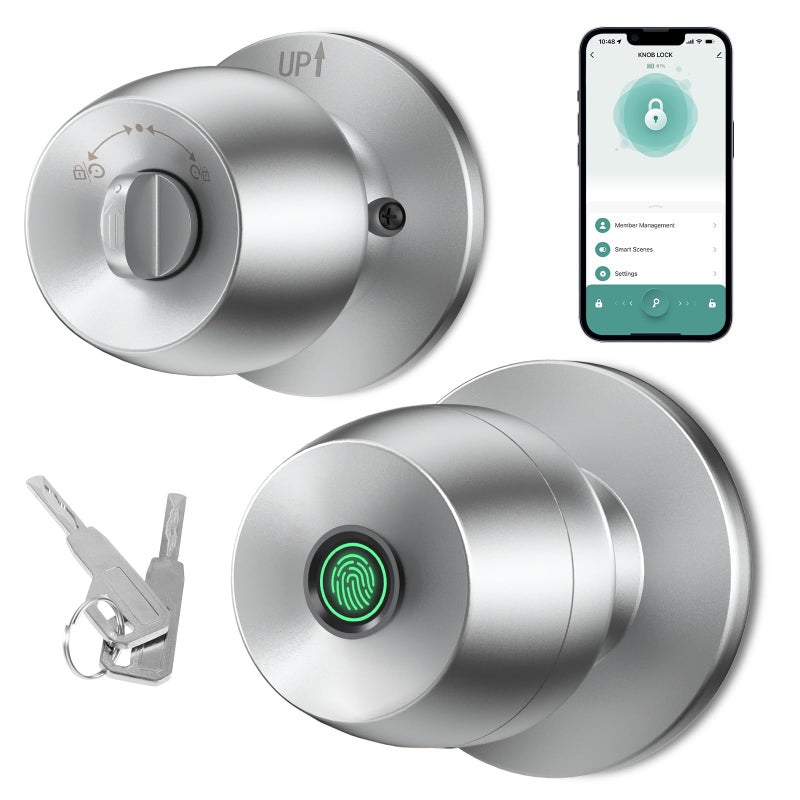 HEI LIANG Fingerprint door knob, smart door knob, intelligent biometric fingerprint door lock, keyless entry, controllable via app, suitable for bedrooms, storage rooms, apartments, offices, hotels (silver) - Image 1