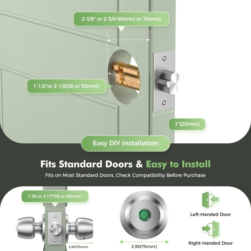 HEI LIANG Fingerprint door knob, smart door knob, intelligent biometric fingerprint door lock, keyless entry, controllable via app, suitable for bedrooms, storage rooms, apartments, offices, hotels (silver) - Image 5