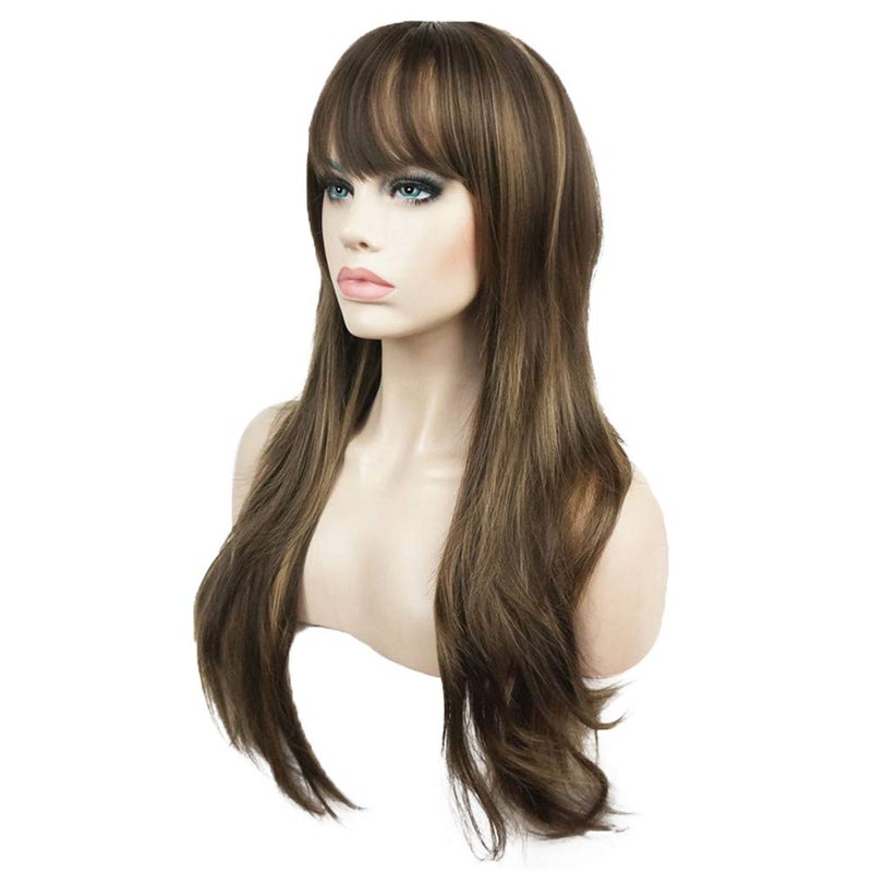 Aimole Womens Wig Long Straight Layered Wig Brown with Blonde Highlights Synthetic Wigs 24 Inches