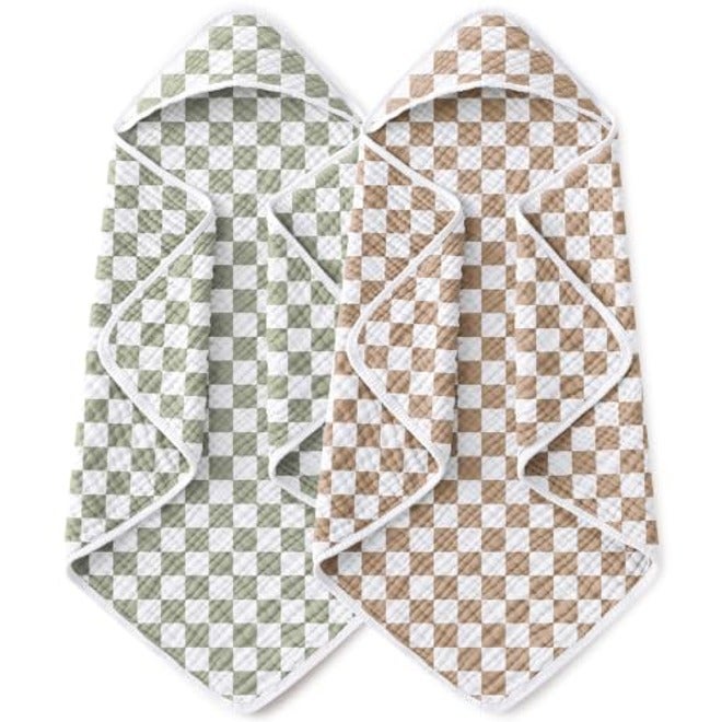 Yoofoss Hooded Baby Bath Towels 2 Pack - 100% Muslin Organic Cotton, Soft & Absorbent for Newborn, Babies, Toddlers, 32x32 Inch, Beige & Coffee