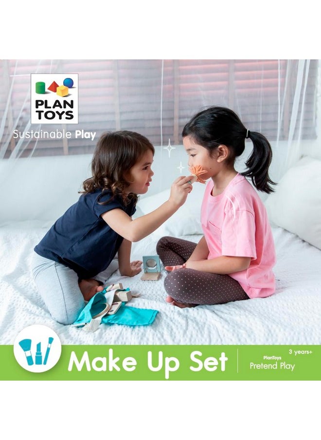 PlanToys Make Up Set For Kids - Sustainably Made From Rubberwood Featuring Organic-Pigment Coloring And Water-Based Dyes With A Mirror, Brush, Bag, And 5 Pieces Of Makeup  - Image 3