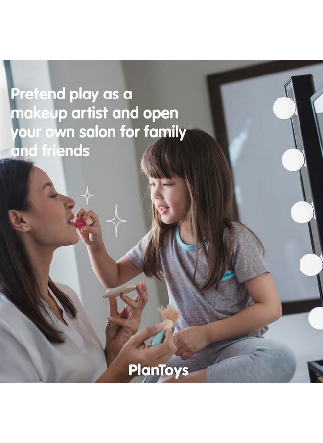 PlanToys Make Up Set For Kids - Sustainably Made From Rubberwood Featuring Organic-Pigment Coloring And Water-Based Dyes With A Mirror, Brush, Bag, And 5 Pieces Of Makeup  - Image 4