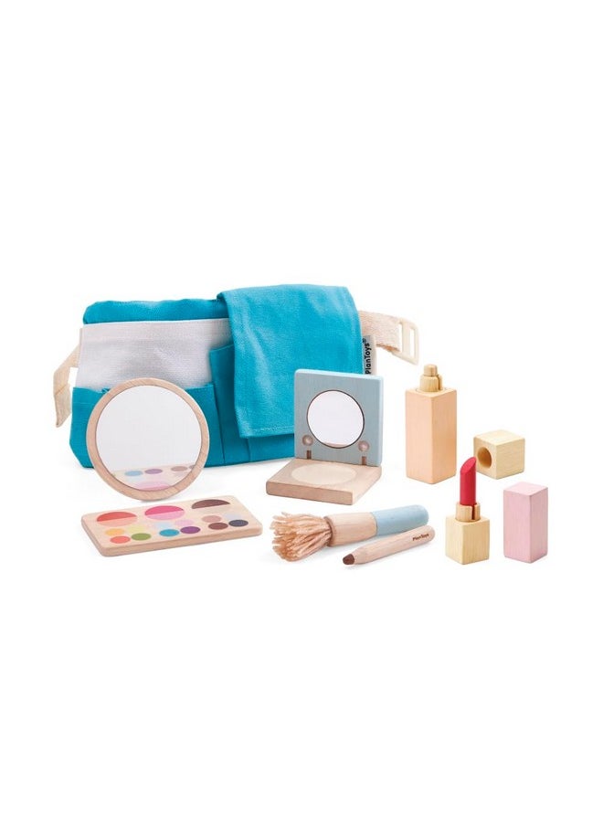 PlanToys Make Up Set For Kids - Sustainably Made From Rubberwood Featuring Organic-Pigment Coloring And Water-Based Dyes With A Mirror, Brush, Bag, And 5 Pieces Of Makeup  - Image 1