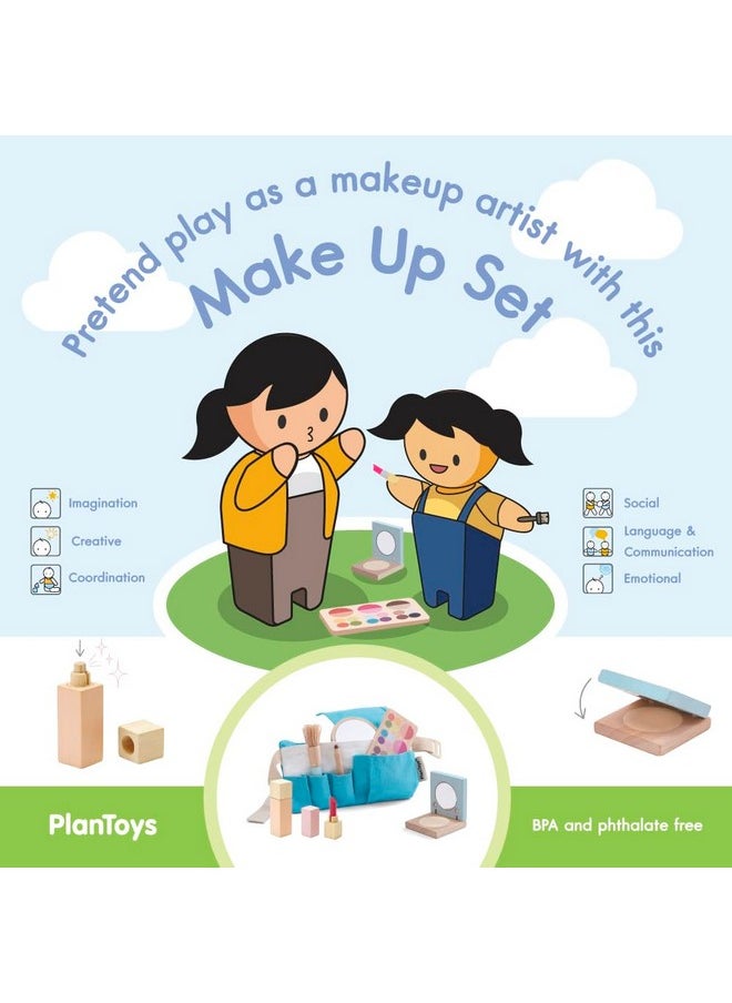 PlanToys Make Up Set For Kids - Sustainably Made From Rubberwood Featuring Organic-Pigment Coloring And Water-Based Dyes With A Mirror, Brush, Bag, And 5 Pieces Of Makeup  - Image 5