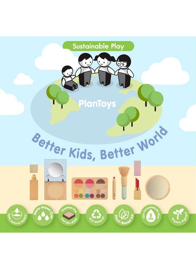 PlanToys Make Up Set For Kids - Sustainably Made From Rubberwood Featuring Organic-Pigment Coloring And Water-Based Dyes With A Mirror, Brush, Bag, And 5 Pieces Of Makeup  - Image 2