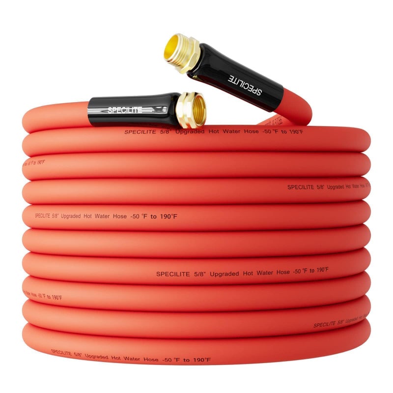 SPECILITE 5/8" Hot/Cold Rubber Garden Water Hose 50 ft, -50â„‰-190â„‰, 200psi Working, 600psi Burst, Flexible & Lightweight With 3/4" Brass Fittings for Yard, Outdoor, Farm, Agriculture, Construction, Red - Image 1