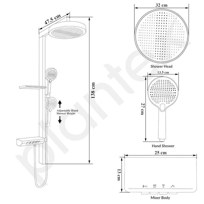 plantex Plantex Haven Shower Panel for Bathroom with Piano Switches Temperature DisplayRainfall Showerhead with Waterfall OutletHand Shower with Hose Pipe Clamp 6013GA - Image 3