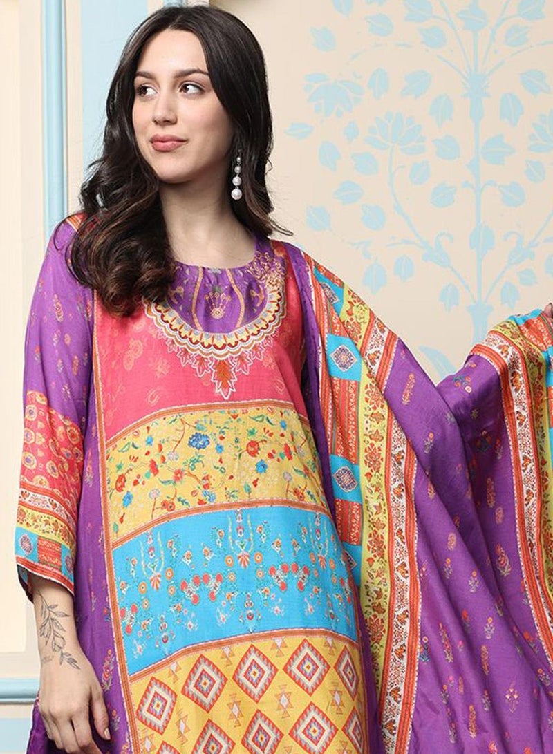 ISHIN Women's Multicoloured Viscose Blend Embellished Tunic Full Length Casual Straight Fit Kurta Set - Image 2