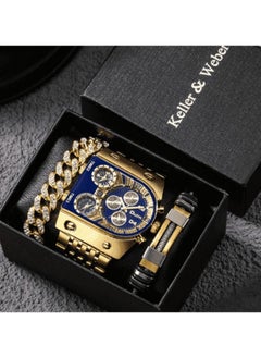 Luxury Gold Watch Men Full Steel Calendar Big Dial Quartz Wristwatch Bracelets Gift Set