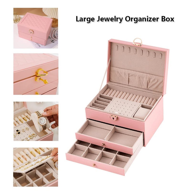 GUOER Jewelry Box for Women Girl Wife 3 Layers Large PU Leather Jewelry Organizer Storage Case with Two Layers Display for Earrings Bracelets Rings Watches PINK - Image 3
