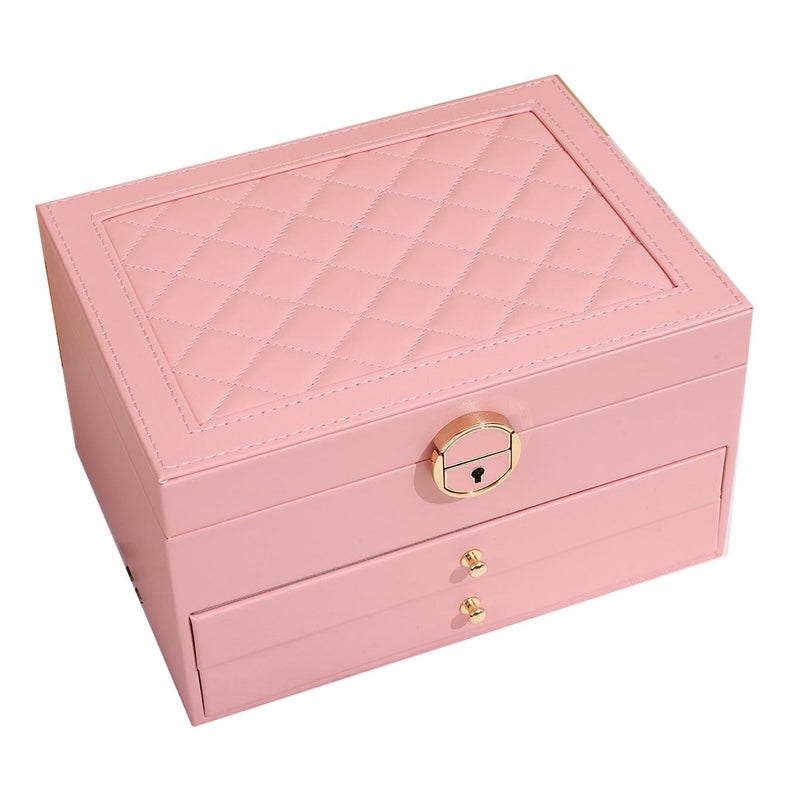 GUOER Jewelry Box for Women Girl Wife 3 Layers Large PU Leather Jewelry Organizer Storage Case with Two Layers Display for Earrings Bracelets Rings Watches PINK - Image 1