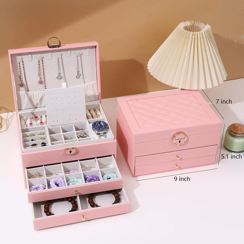 GUOER Jewelry Box for Women Girl Wife 3 Layers Large PU Leather Jewelry Organizer Storage Case with Two Layers Display for Earrings Bracelets Rings Watches PINK - Image 2