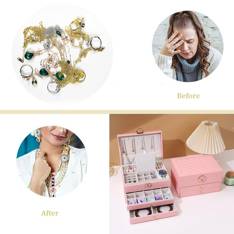 GUOER Jewelry Box for Women Girl Wife 3 Layers Large PU Leather Jewelry Organizer Storage Case with Two Layers Display for Earrings Bracelets Rings Watches PINK - Image 4