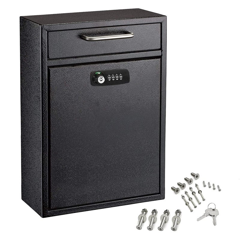AdirOffice Wall Mount Mailbox  Combination Mailbox with Keys Durable Wall Mounted Locking Mail Box and Cash Drop Box for House Apartments and Business After Hours Deposits Large Black