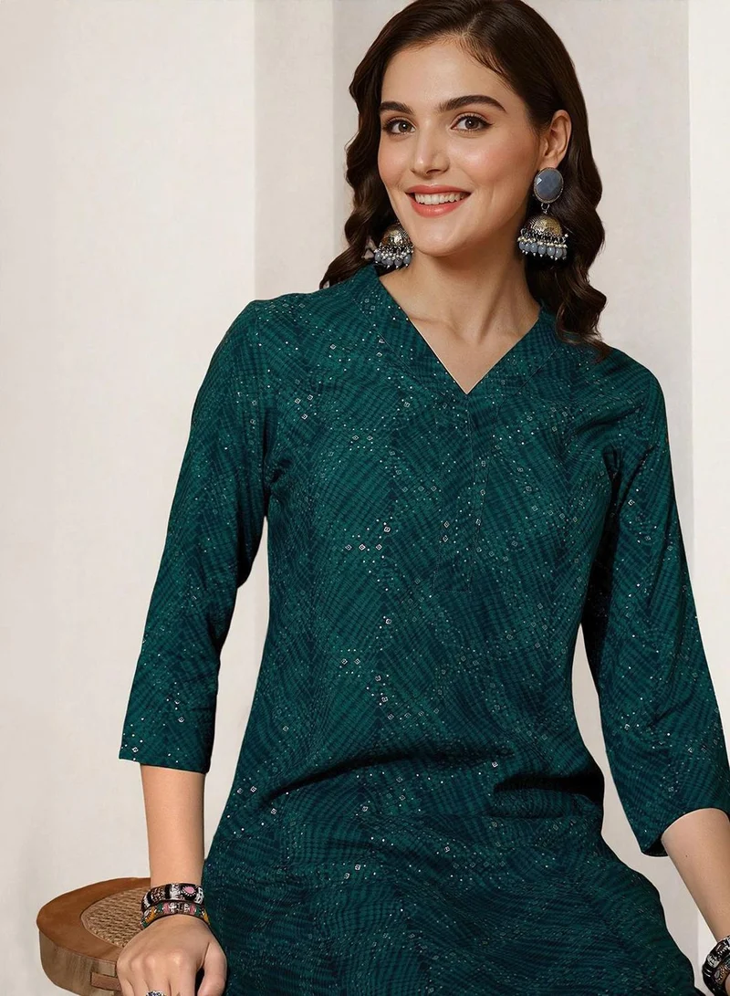 ISHIN Women's Green Rayon Printed Tunic Full Length Palazzo Straight Fit Kurta Set