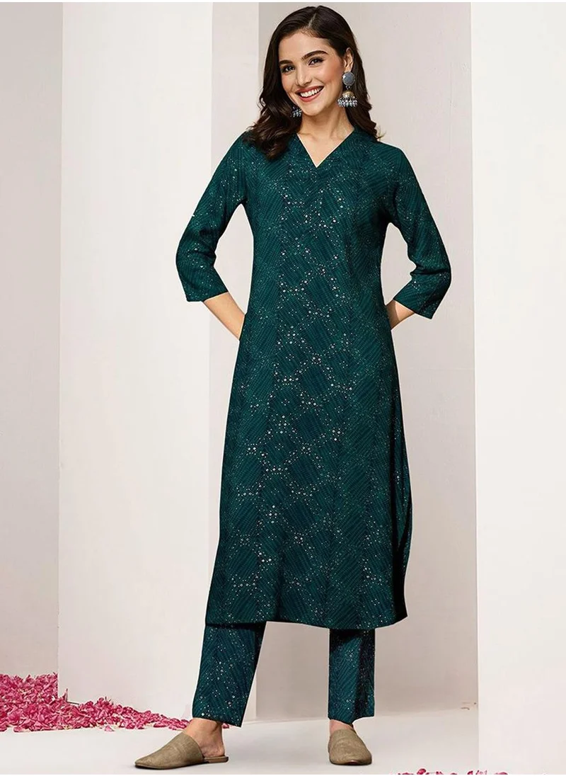 آي شين Women's Green Rayon Printed Tunic Full Length Palazzo Straight Fit Kurta Set