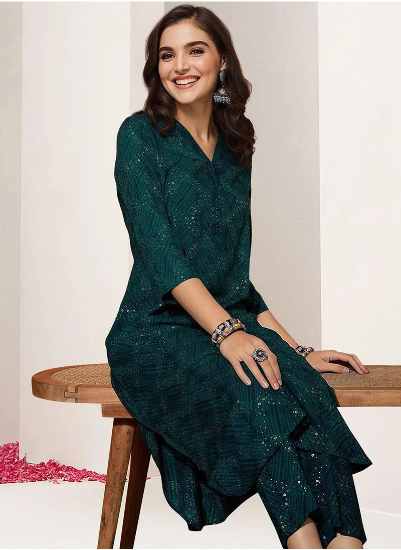 آي شين Women's Green Rayon Printed Tunic Full Length Palazzo Straight Fit Kurta Set