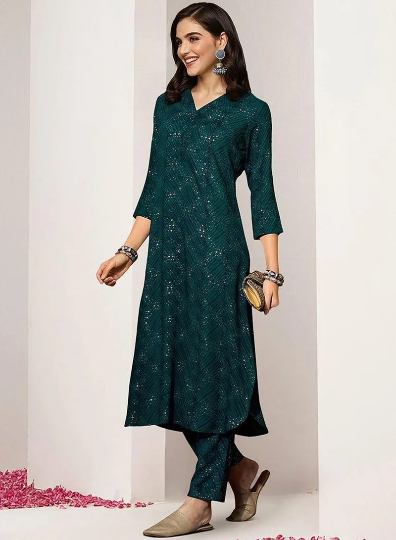 ISHIN Women's Green Rayon Printed Tunic Full Length Palazzo Straight Fit Kurta Set