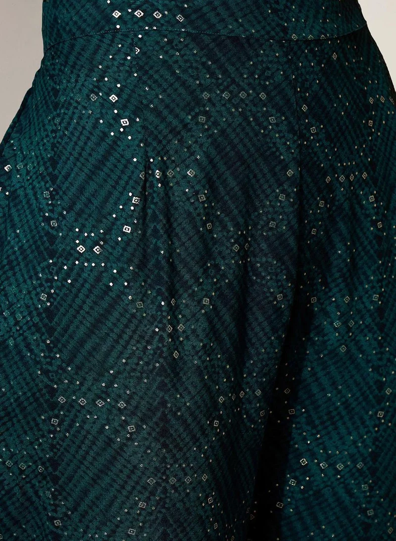 ISHIN Women's Green Rayon Printed Tunic Full Length Palazzo Straight Fit Kurta Set