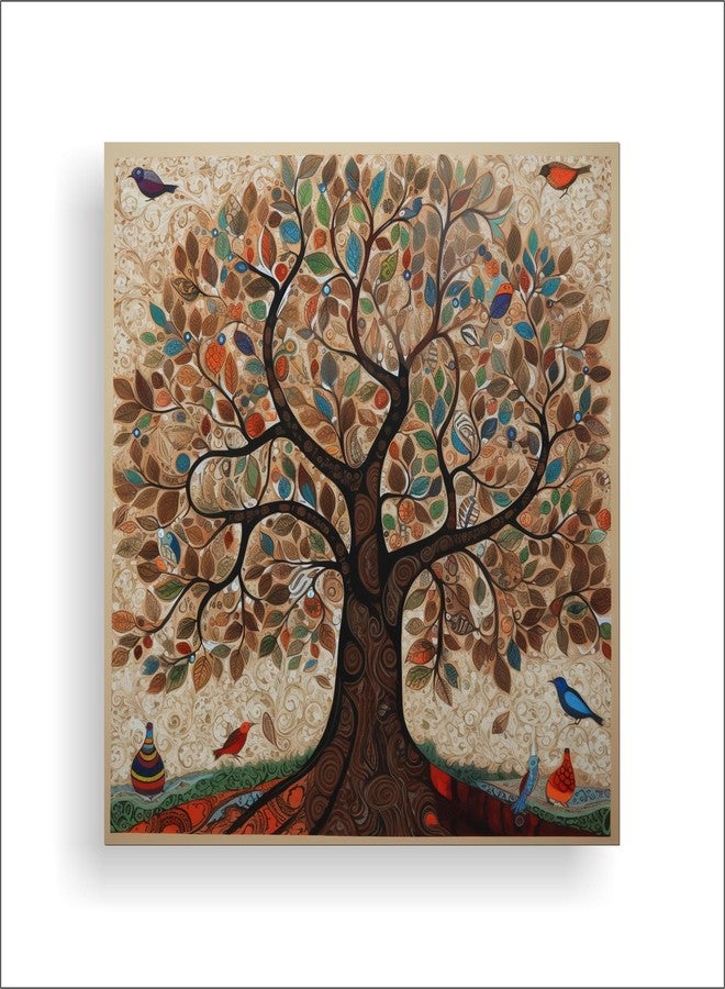 PIXELARTZ Beautiful Tree | Indian Traditional Arts | Kalamkari Art | Wall Decorative Canvas Painting for Home, Living Room, Bedroom and Office | Canvas Print | Small(15x15inch)(38x38cm) - Image 1