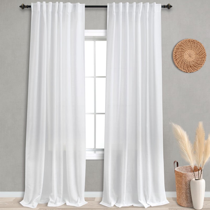 KOUFALL White Linen Sheer Curtains Drapes 96 Inches Long 2 Panels for Living Room 96 Inch Length Semi Light Filtering Curtains for Bedroom