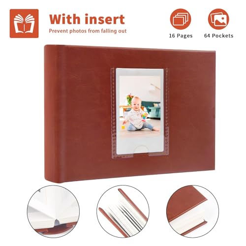 Ruibytree 64 Pocket Mini Photo Album with Writing Space and Front Window, Faux Leather Hardcover 2x3 Picture Book for Polaroid & Fujifilm Instax Mini Instant Camera, K-pop Photocards, Brown - Image 3