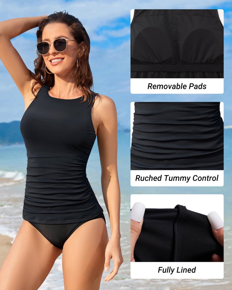 Daci Black Tankini Tops for Women High Neck Swim Top Tummy Control Bathing Suit Top Modest Swim Tank Top No Bottom L - Image 3