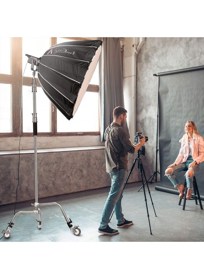C Stand Metal with Bag Wheel Max 10.8ft/330cm with 106cm Holding Arm 2 Pieces Grip Head for Godox AD400 Pro AD600 Pro AD600BM Aputure 120D 300D II for Photography Studio Video Monolight