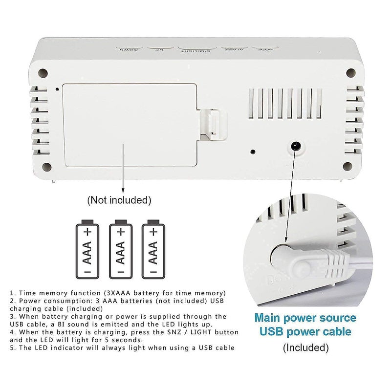 Ncry Battery and USB Powered Digital Mirror Travel Alarm Clock with Large LED Display Snooze Time Temperature Function White Pack of 1 - Image 5