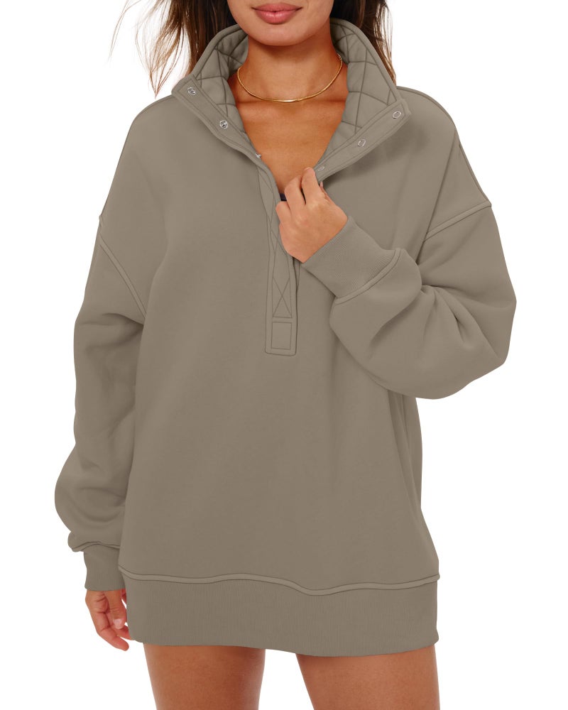 Locachy Women's Henley Neck Button Oversized Sweatshirt Casual Long Sleeve Pullover Tops 2026 Fashion Outfits Clothes Coffee Grey S - Image 1