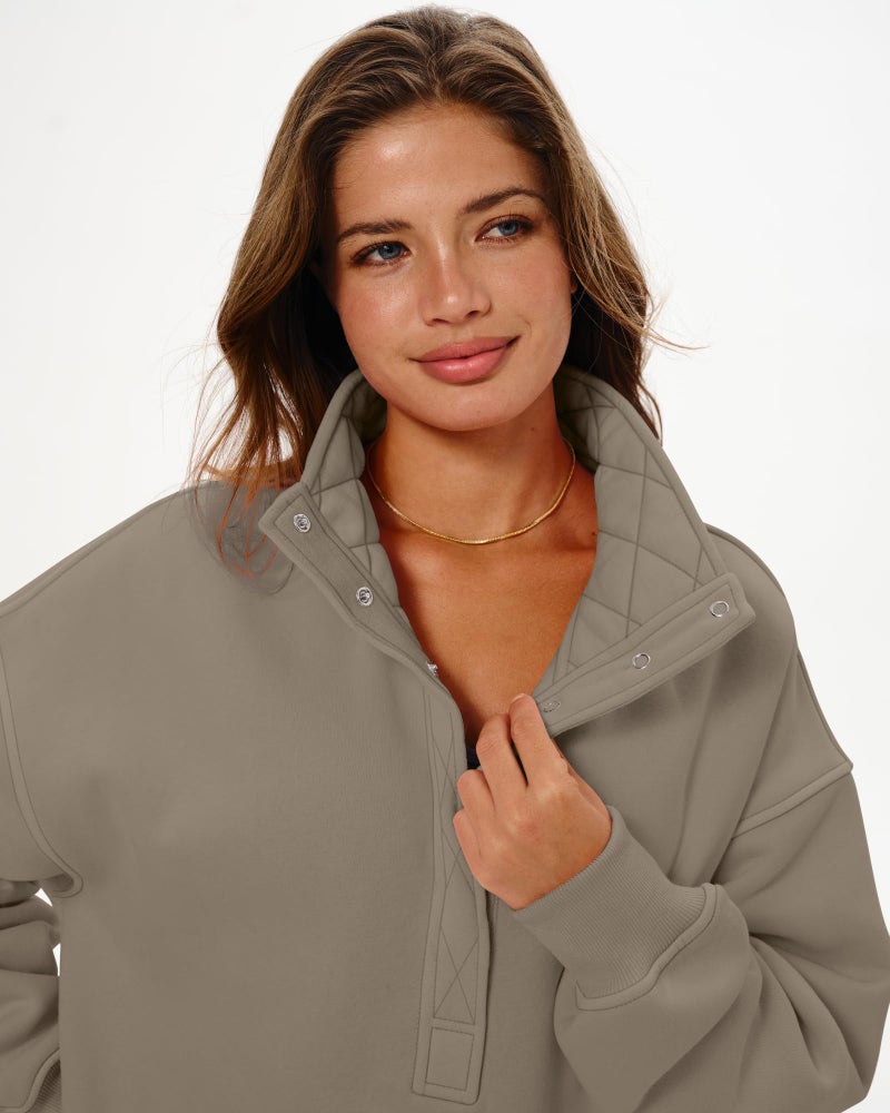 Locachy Women's Henley Neck Button Oversized Sweatshirt Casual Long Sleeve Pullover Tops 2026 Fashion Outfits Clothes Coffee Grey S - Image 3
